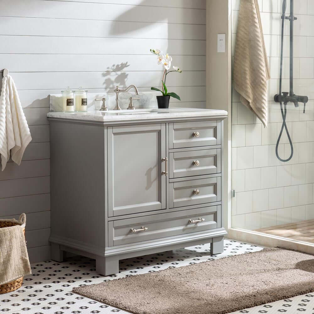 Silkroad Exclusive 36-inch Transitional Single Sink Vanity with Carrara Marble in Light Gray