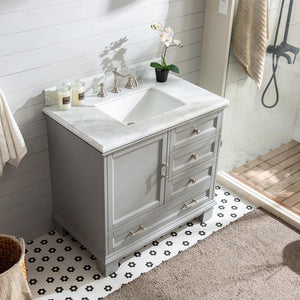 Silkroad Exclusive 36-inch Transitional Single Sink Vanity with Carrara Marble in Light Gray