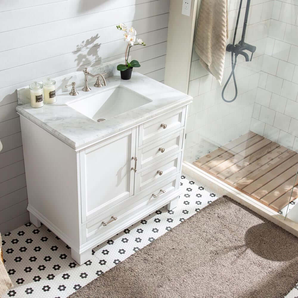 Silkroad Exclusive 36-inch Transitional Single Sink Vanity with Carrara Marble in White