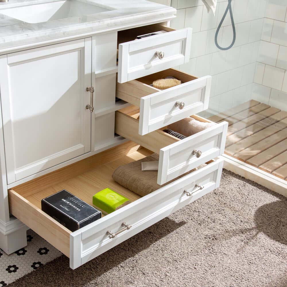 Silkroad Exclusive 36-inch Transitional Single Sink Vanity with Carrara Marble in White, open