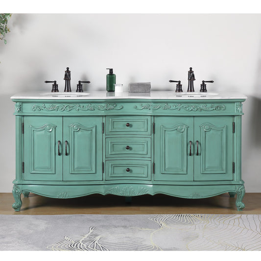 Silkroad Exclusive 72" Traditional Double Sink Vanity with Carrara Marble Top in Vintage Green