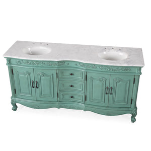 Silkroad Exclusive 72" Traditional Double Sink Vanity with Carrara Marble Top in Vintage Green