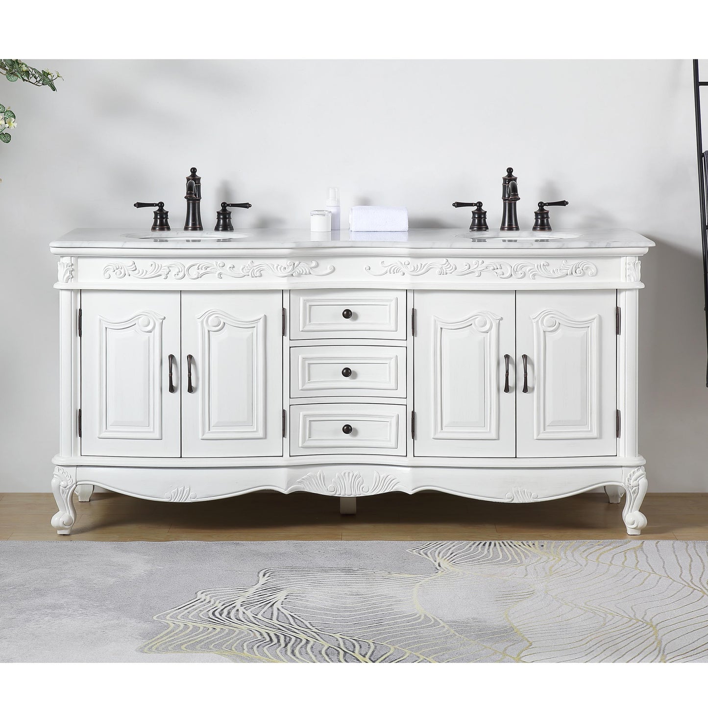 Silkroad Exclusive 72" Traditional Double Sink Vanity with Carrara Marble Top in Vintage White