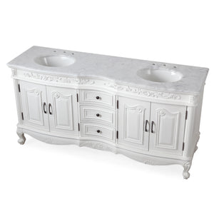 Silkroad Exclusive 72" Traditional Double Sink Vanity with Carrara Marble Top in Vintage White