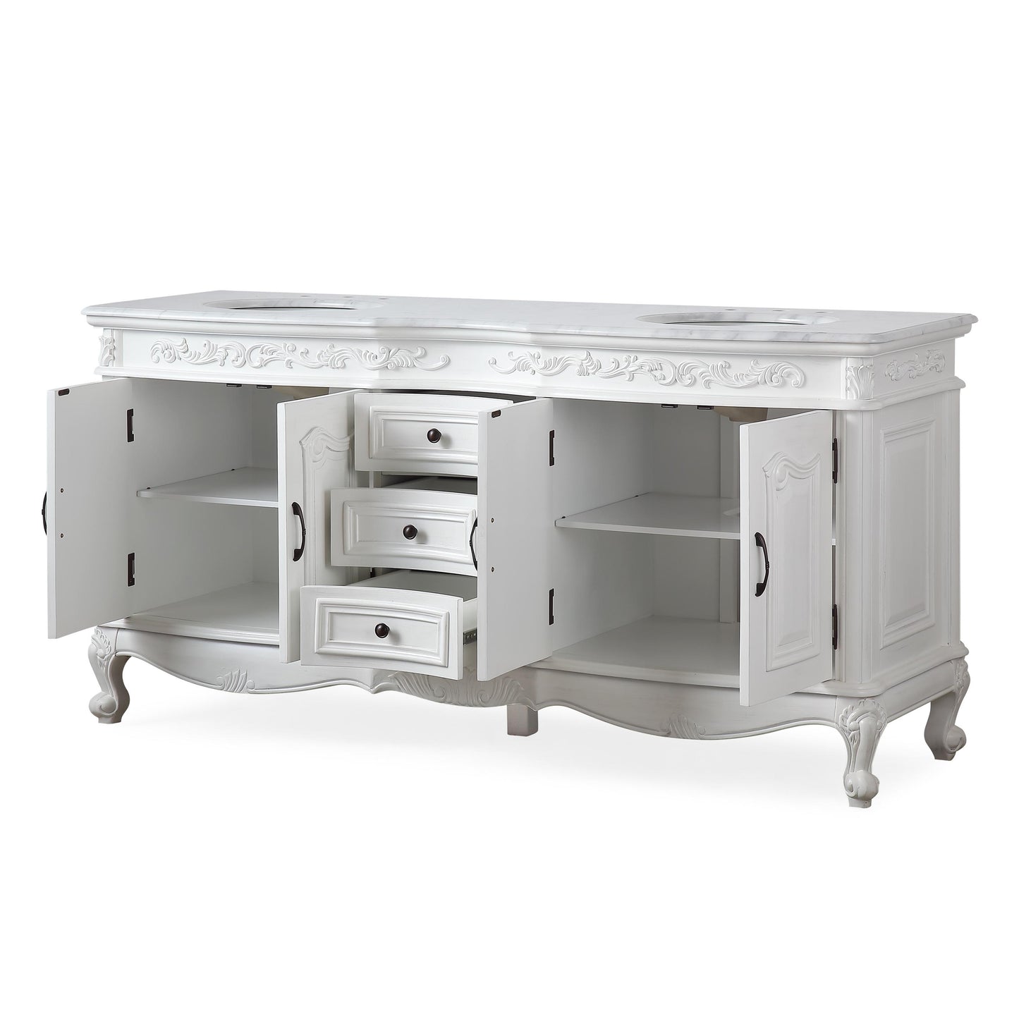 Silkroad Exclusive 72" Traditional Double Sink Vanity with Carrara Marble Top in Vintage White, open