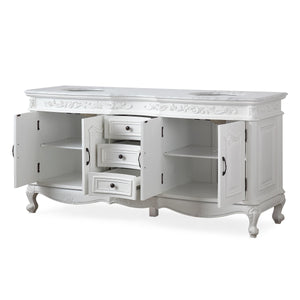 Silkroad Exclusive 72" Traditional Double Sink Vanity with Carrara Marble Top in Vintage White, open