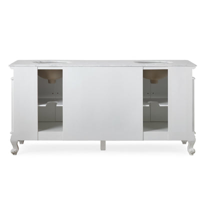 Silkroad Exclusive 72" Traditional Double Sink Vanity with Carrara Marble Top in Vintage White, back