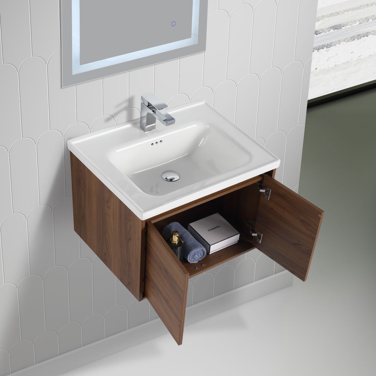 Blossom Bern 24″ Vanity with Ceramic Basin - Sleek Eco-Friendly Design in Brown Walnut, open