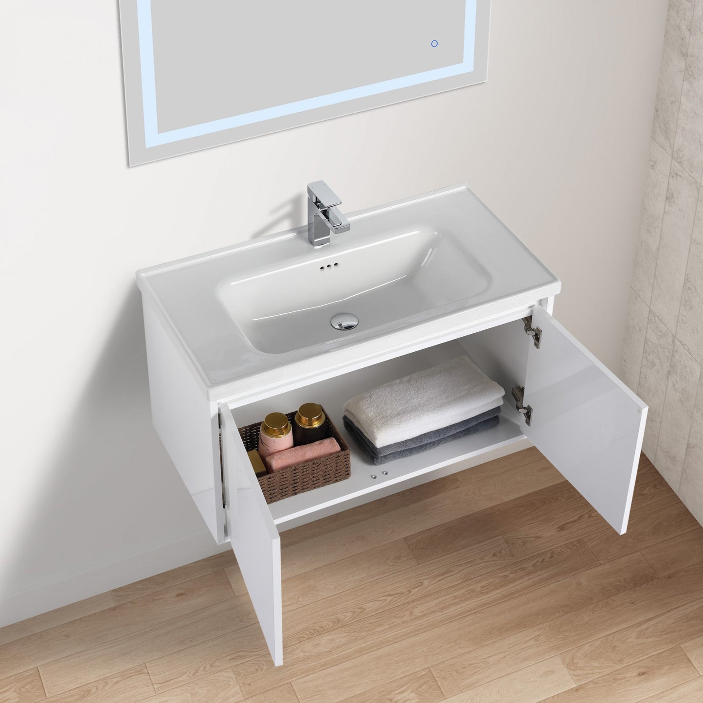 Blossom Bern 36″ Vanity with Ceramic Basin - Eco-Friendly Minimalist Design in Glossy White, open