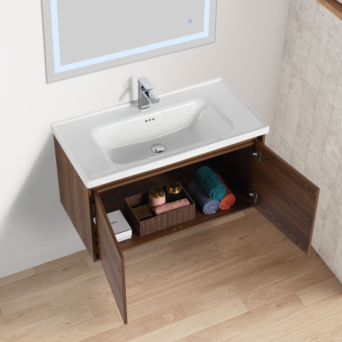 Blossom Bern 36″ Vanity with Ceramic Basin - Eco-Friendly Minimalist Design in Brown Walnut, open