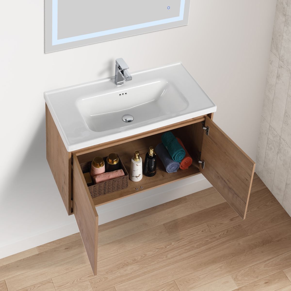 Blossom Bern 36″ Vanity with Ceramic Basin - Eco-Friendly Minimalist Design in Classic Oak, open