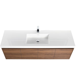 Bern 60″ Single Vanity - Spacious Minimalist Design in  Brown Walnut, up view