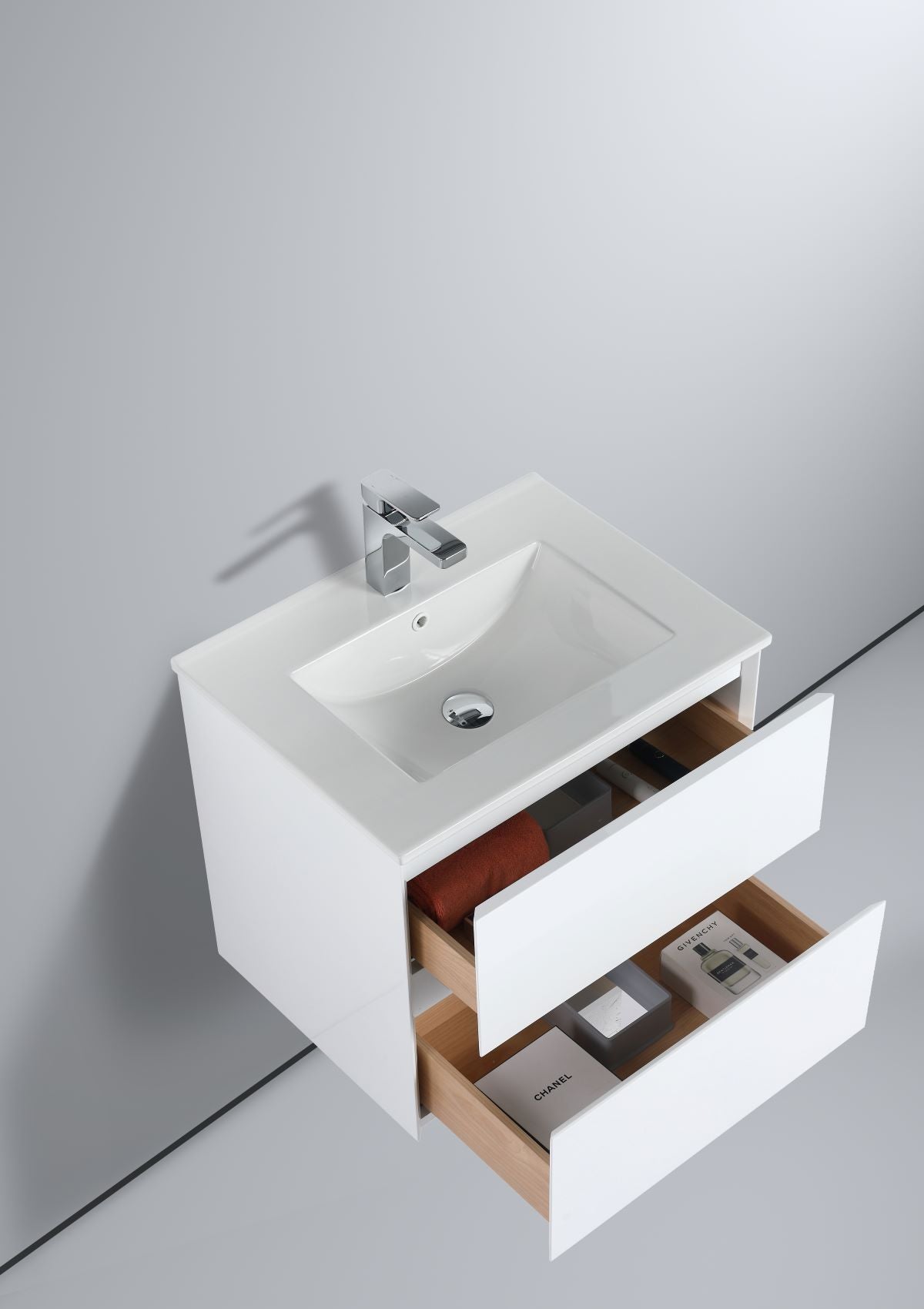 Blossom Assisi 24" White Vanity - Eco-Friendly Minimalism with Soft-Closing Drawers, Ceramic Basin, side, open