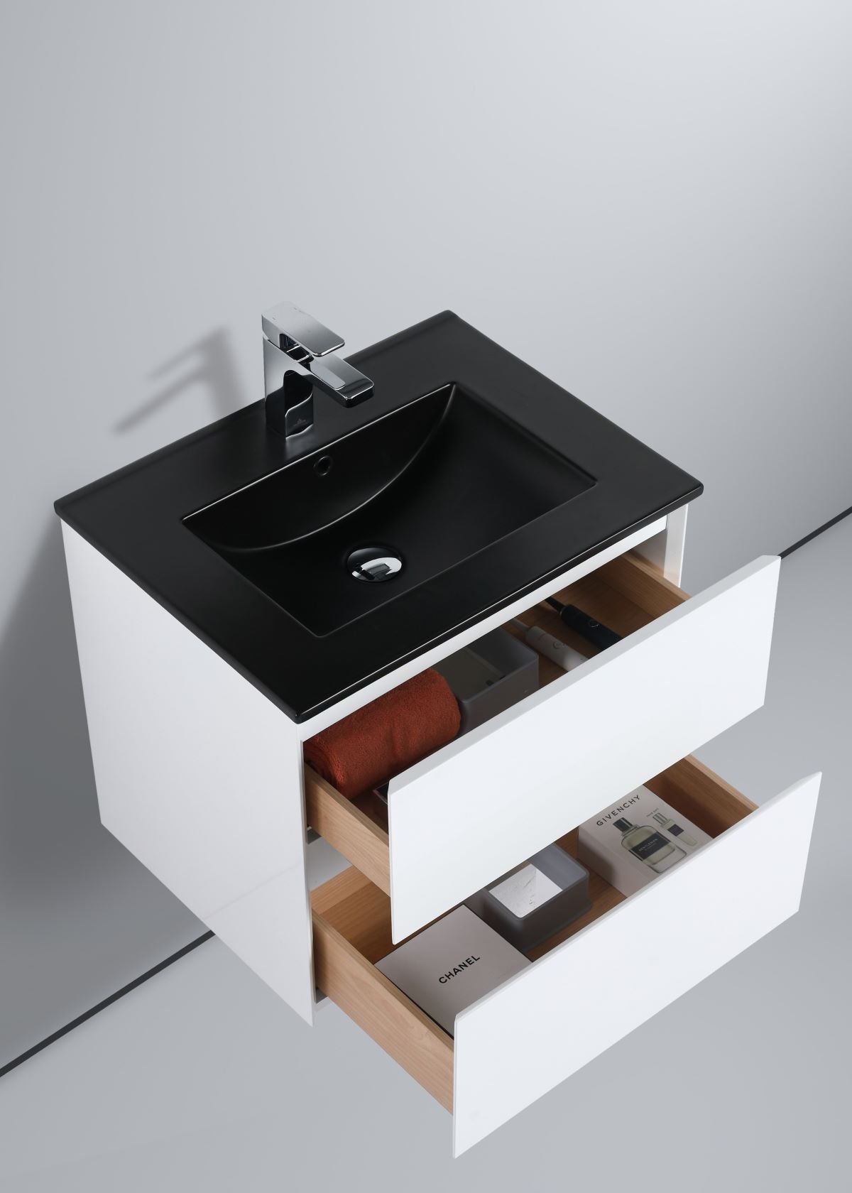 Blossom Assisi 24" White Vanity - Eco-Friendly Minimalism with Soft-Closing Drawers, Black Basin, open
