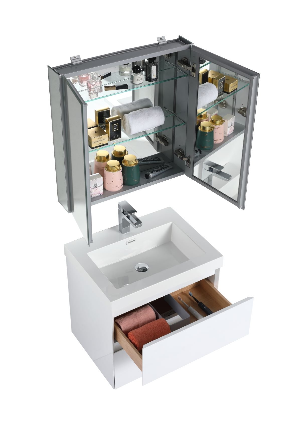 Blossom Assisi 24" White Vanity - Eco-Friendly Minimalism with Soft-Closing Drawers, Acrylic Basin, Front open