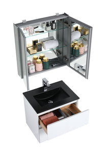 Blossom Assisi 24" White Vanity - Eco-Friendly Minimalism with Soft-Closing Drawers, Black Basin, Up, open