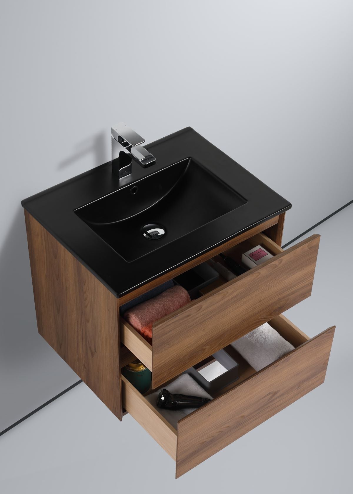  Blossom Assisi 24" Brown Walnut Vanity - Eco-Friendly Minimalism with Soft-Closing Drawers, Black Ceramic Basin,  open