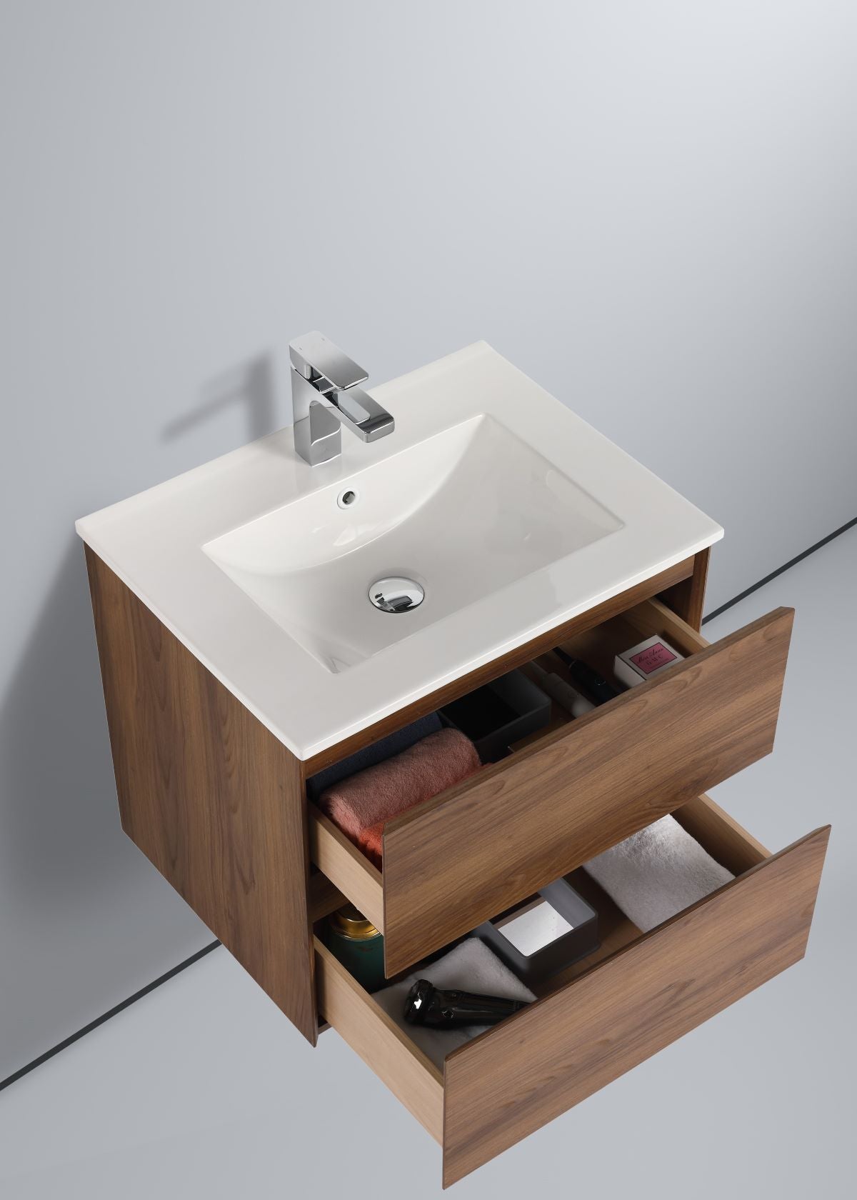  Blossom Assisi 24" Brown Walnut Vanity - Eco-Friendly Minimalism with Soft-Closing Drawers, Ceramic Basin,  up, open