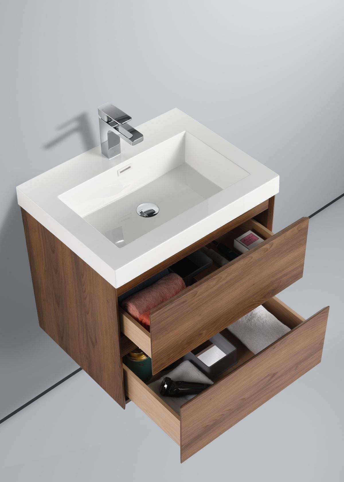  Blossom Assisi 24" Brown Walnut Vanity - Eco-Friendly Minimalism with Soft-Closing Drawers, Acrylic Basin,  open