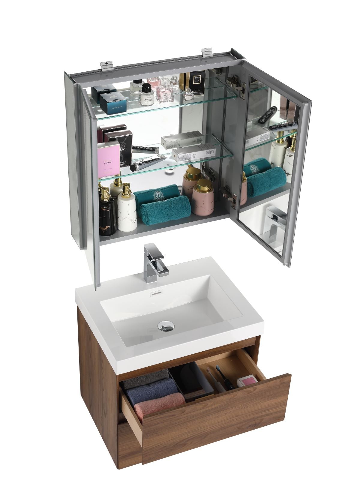  Blossom Assisi 24" Brown Walnut Vanity - Eco-Friendly Minimalism with Soft-Closing Drawers, Acrylic Basin,  up open