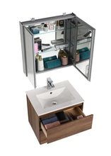 Load image into Gallery viewer,  Blossom Assisi 24&quot; Brown Walnut Vanity - Eco-Friendly Minimalism with Soft-Closing Drawers, Ceramic Basin,  side, open