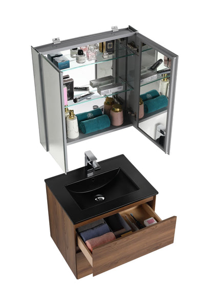  Blossom Assisi 24" Brown Walnut Vanity - Eco-Friendly Minimalism with Soft-Closing Drawers, Black Ceramic Basin,  side up open