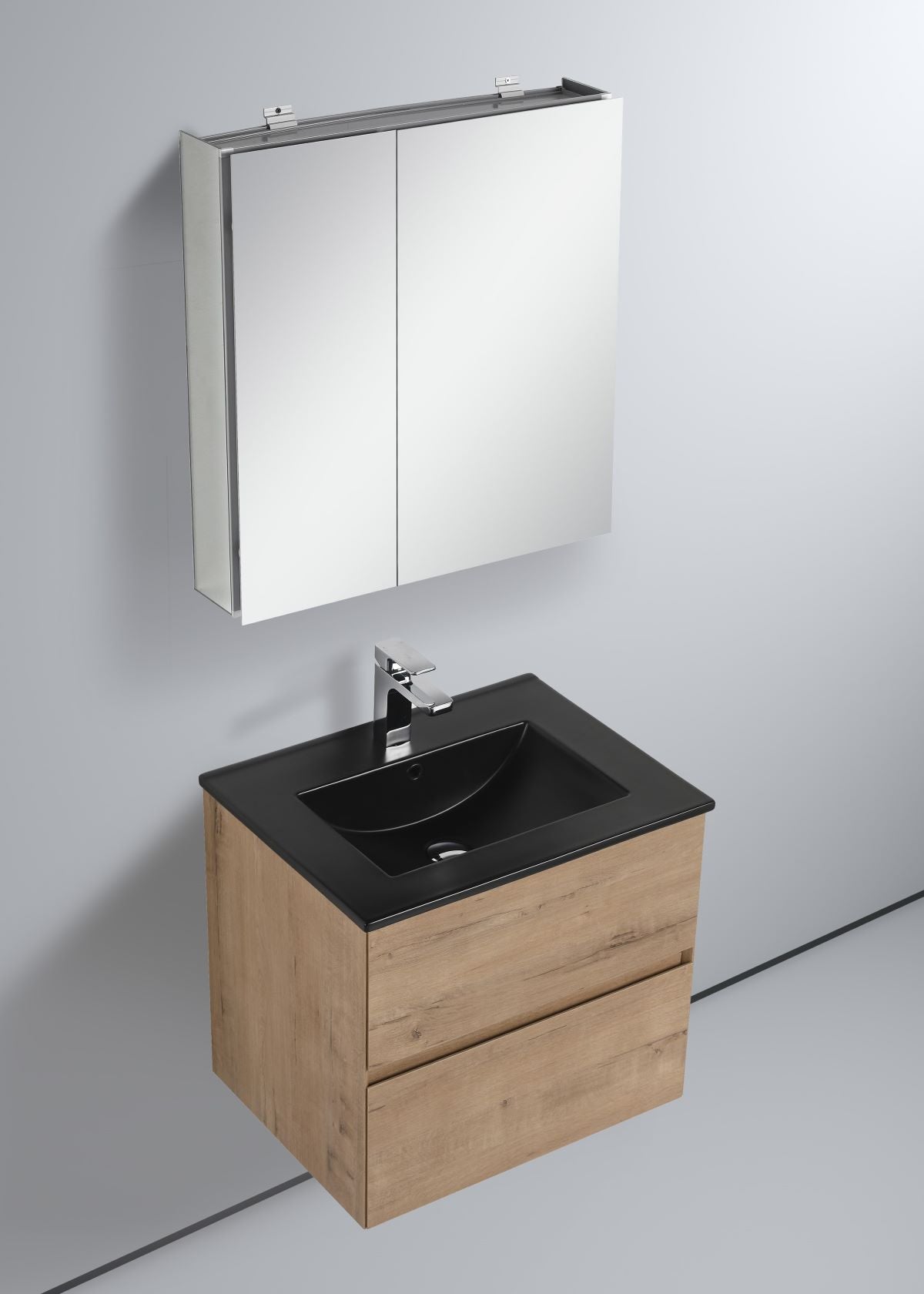  Blossom Assisi 24" Classic Oak Vanity - Eco-Friendly Minimalism with Soft-Closing Drawers, Black Ceramic Basin, up view