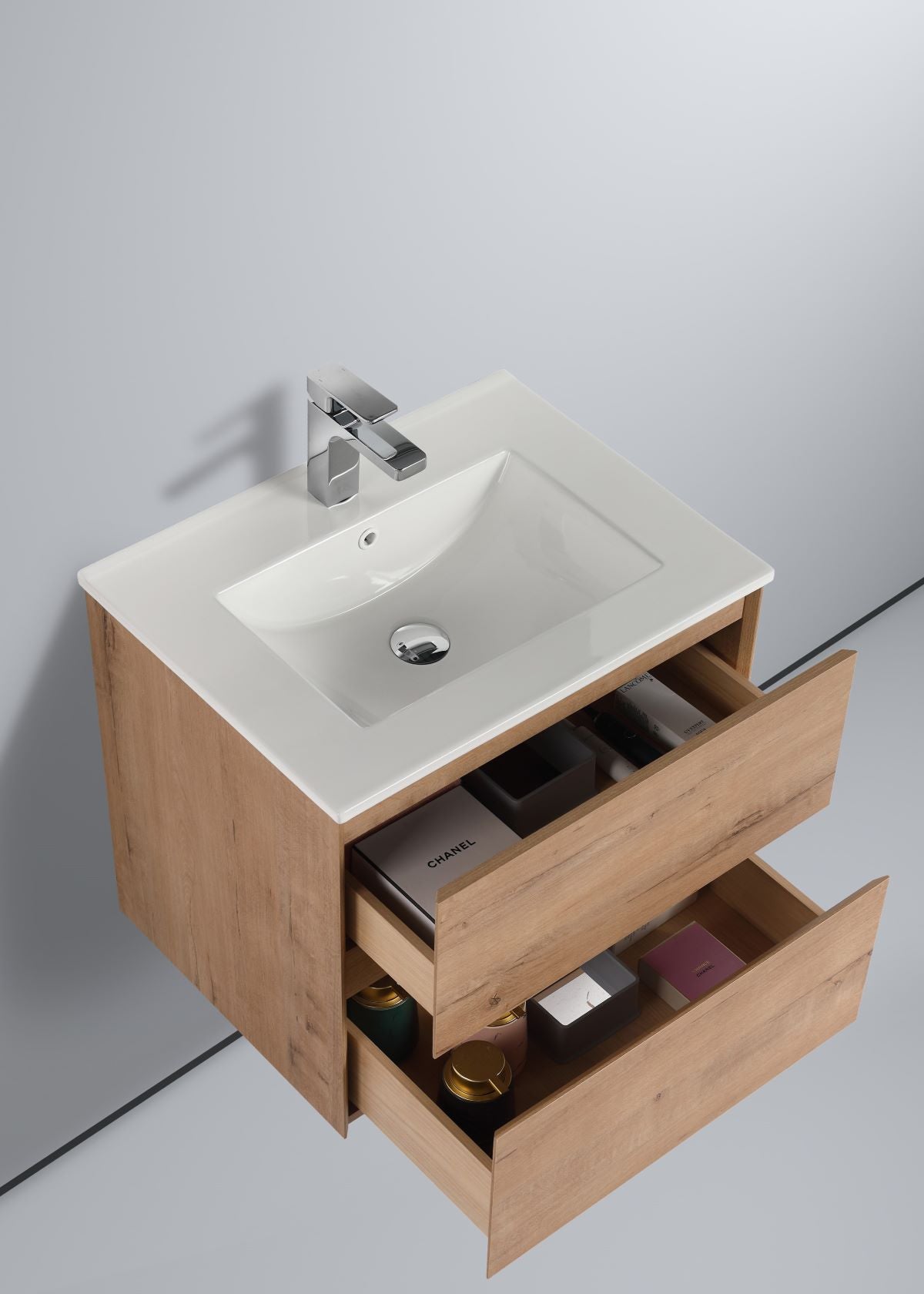  Blossom Assisi 24" Classic Oak Vanity - Eco-Friendly Minimalism with Soft-Closing Drawers, Ceramic Basin, open