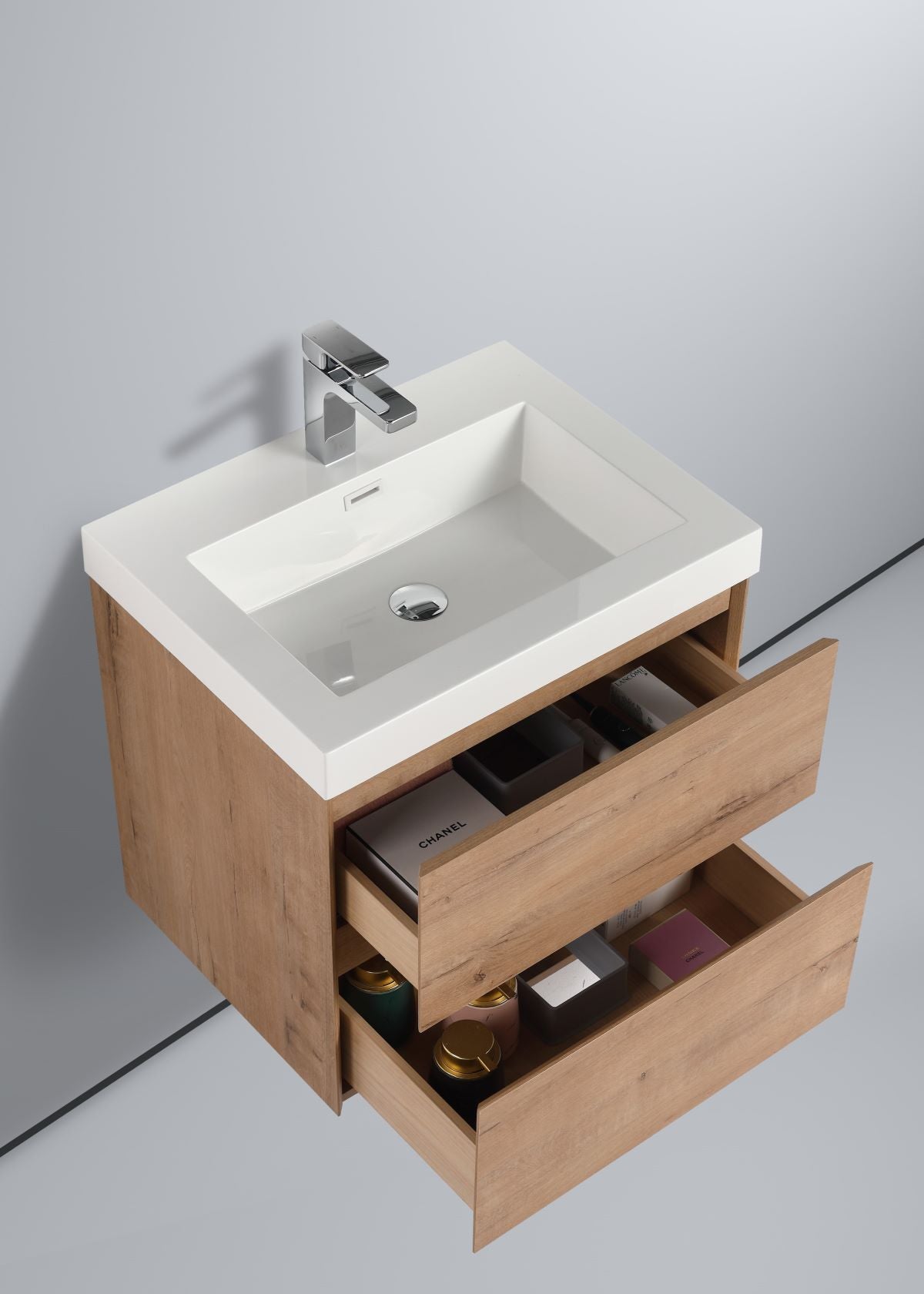  Blossom Assisi 24" Classic Oak Vanity - Eco-Friendly Minimalism with Soft-Closing Drawers, Acrylic Basin,  open