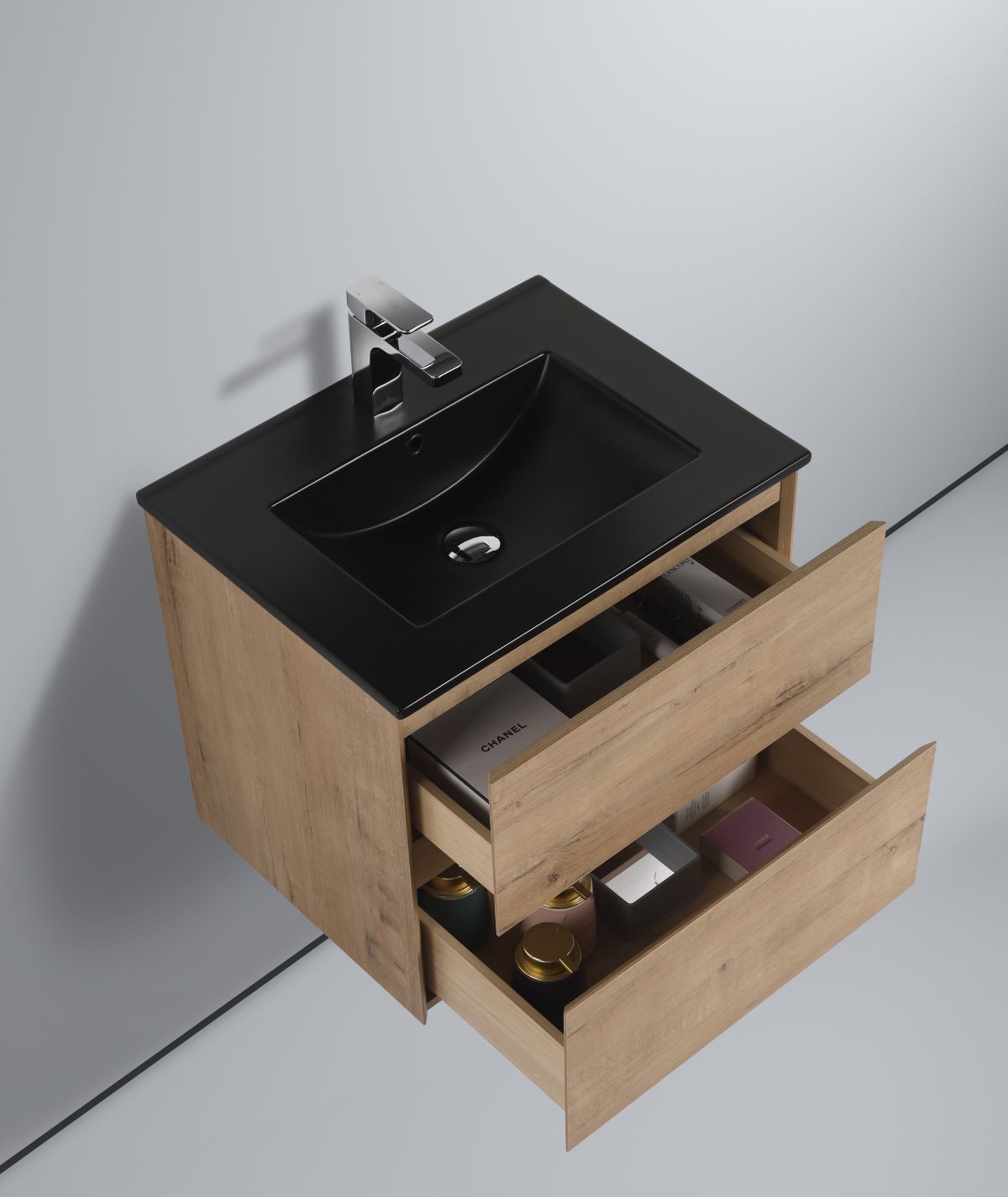  Blossom Assisi 24" Classic Oak Vanity - Eco-Friendly Minimalism with Soft-Closing Drawers, Black Ceramic Basin, open