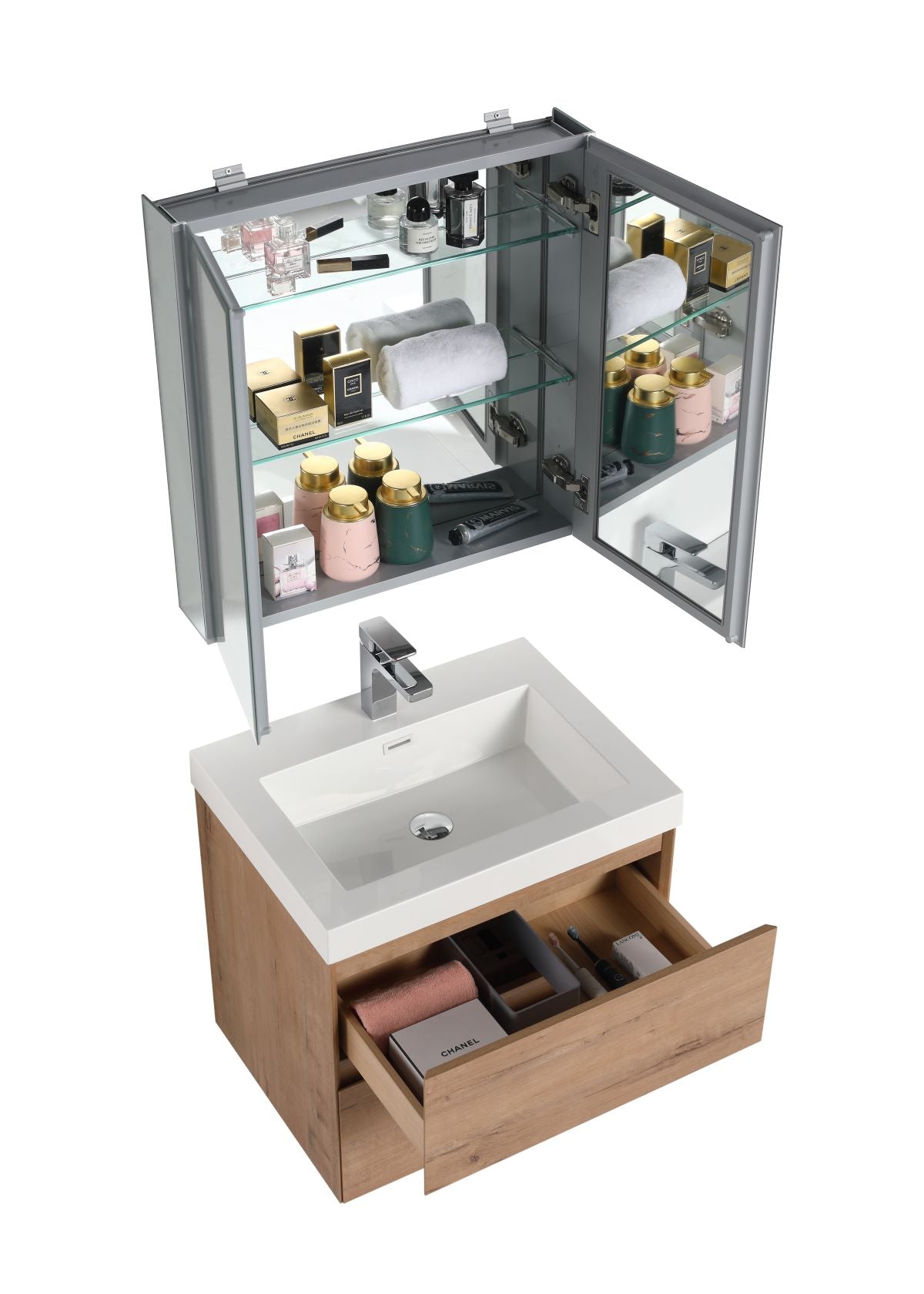  Blossom Assisi 24" Classic Oak Vanity - Eco-Friendly Minimalism with Soft-Closing Drawers, Acrylic Basin,  open, up