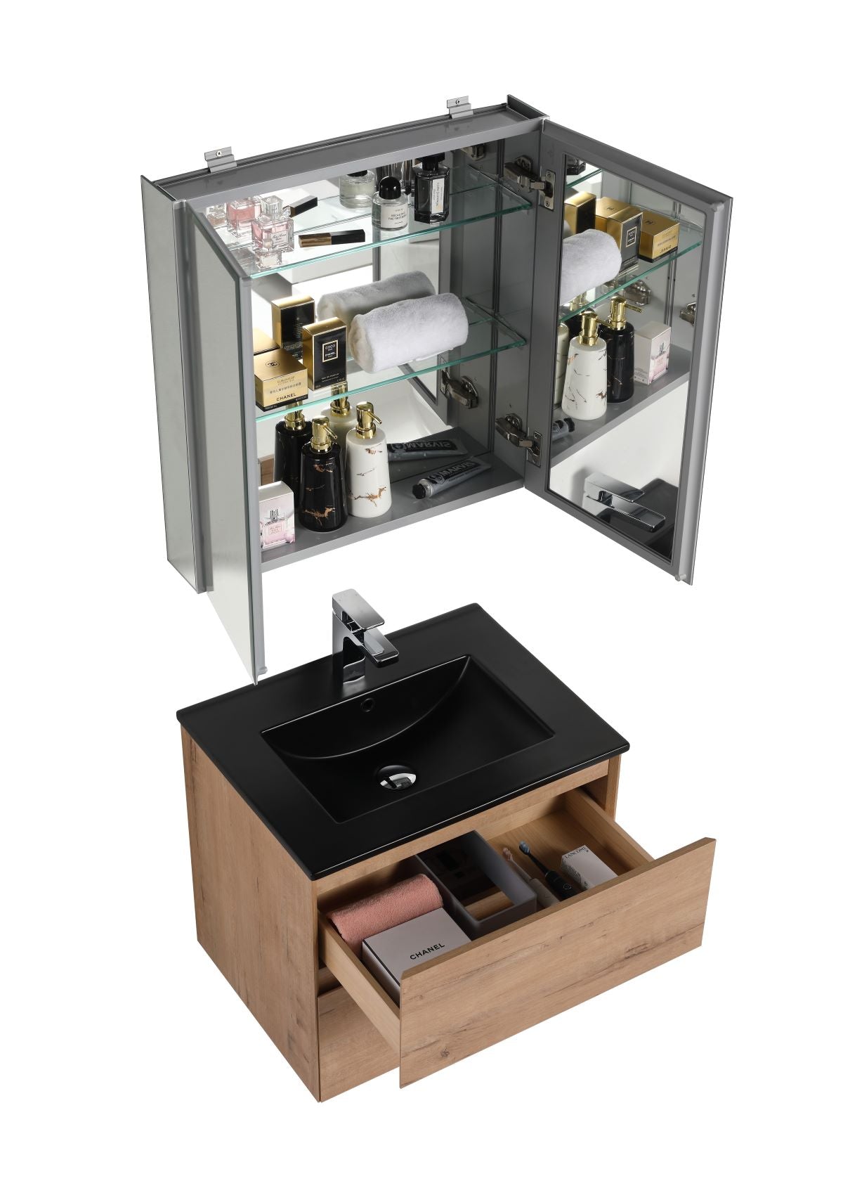  Blossom Assisi 24" Classic Oak Vanity - Eco-Friendly Minimalism with Soft-Closing Drawers, Black Ceramic Basin, open, up