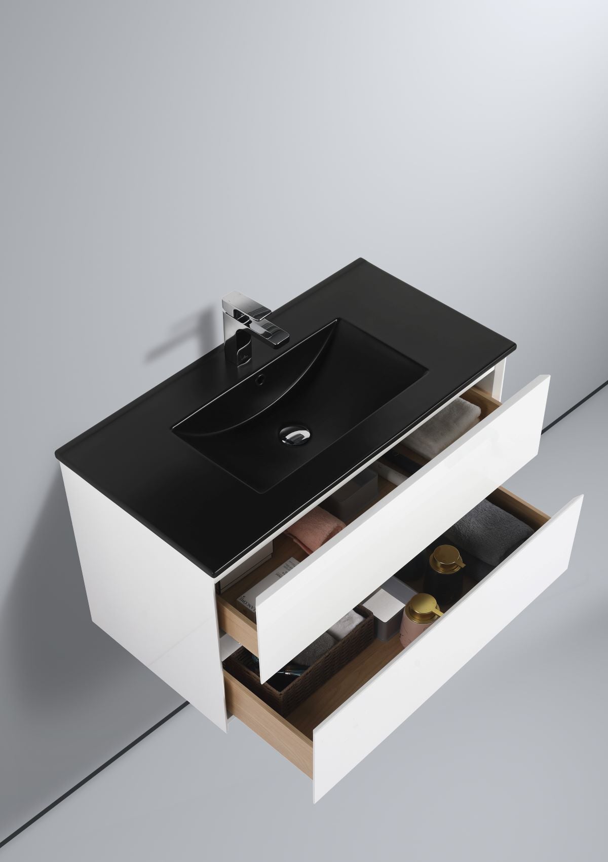 Blossom Assisi 36" Glossy White Vanity - Eco-Friendly European Minimalism with Soft-Closing Drawers, Black Basin, open