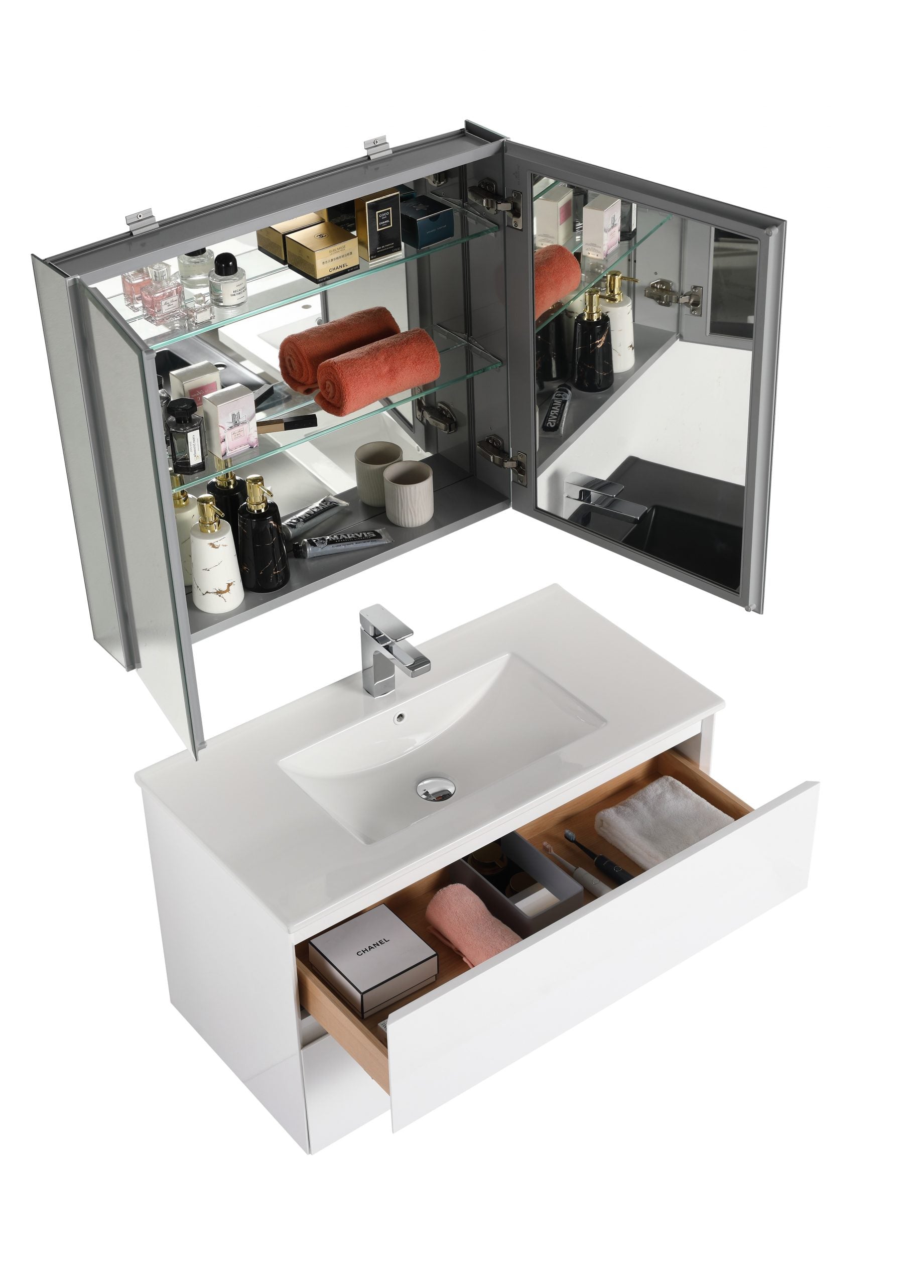 Blossom Assisi 36" Glossy White Vanity - Eco-Friendly European Minimalism with Soft-Closing Drawers, White Ceramic Basin open