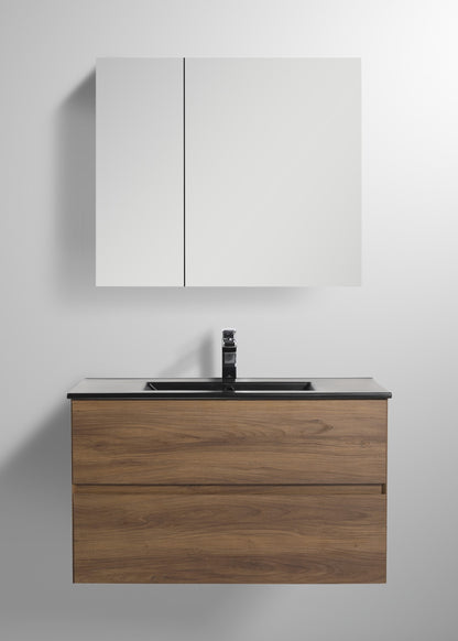 Blossom Assisi 36" Brown Walnut Vanity - Eco-Friendly European Minimalism with Soft-Closing Drawers, Black Basin, front