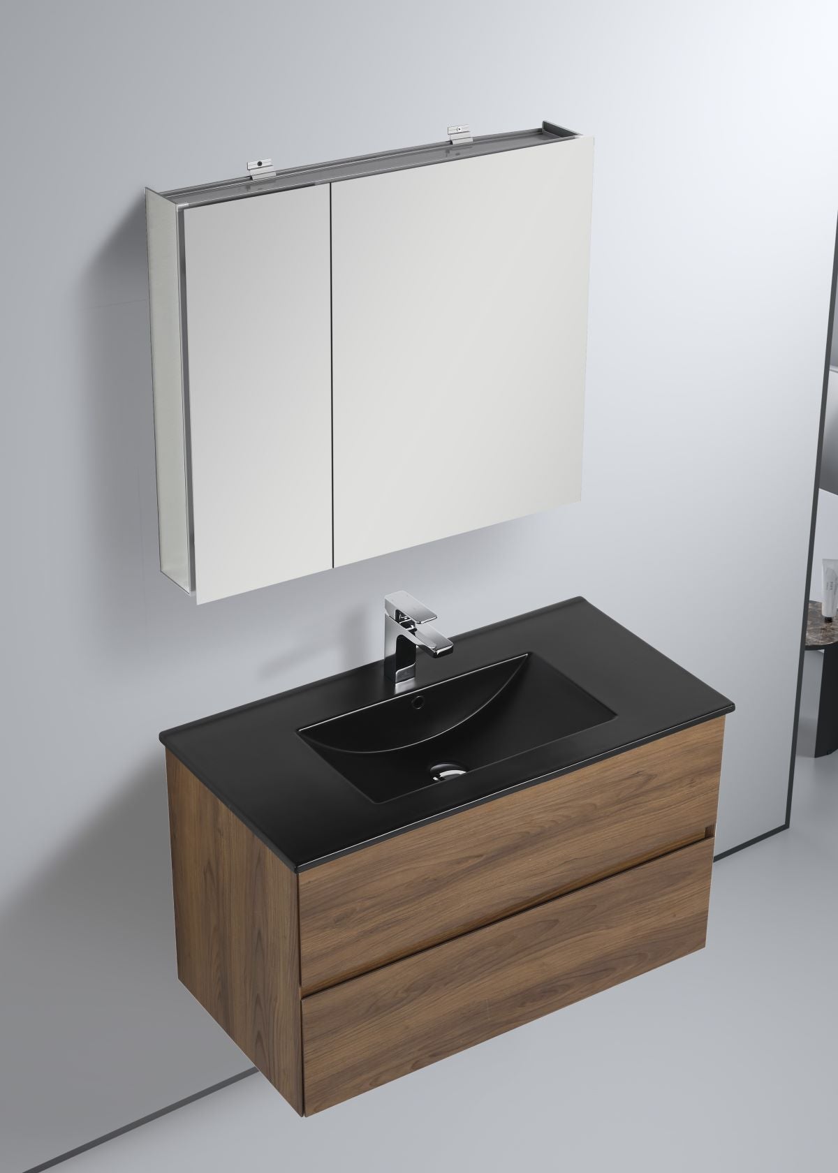 Blossom Assisi 36" Brown Walnut Vanity - Eco-Friendly European Minimalism with Soft-Closing Drawers, Black Basin, side