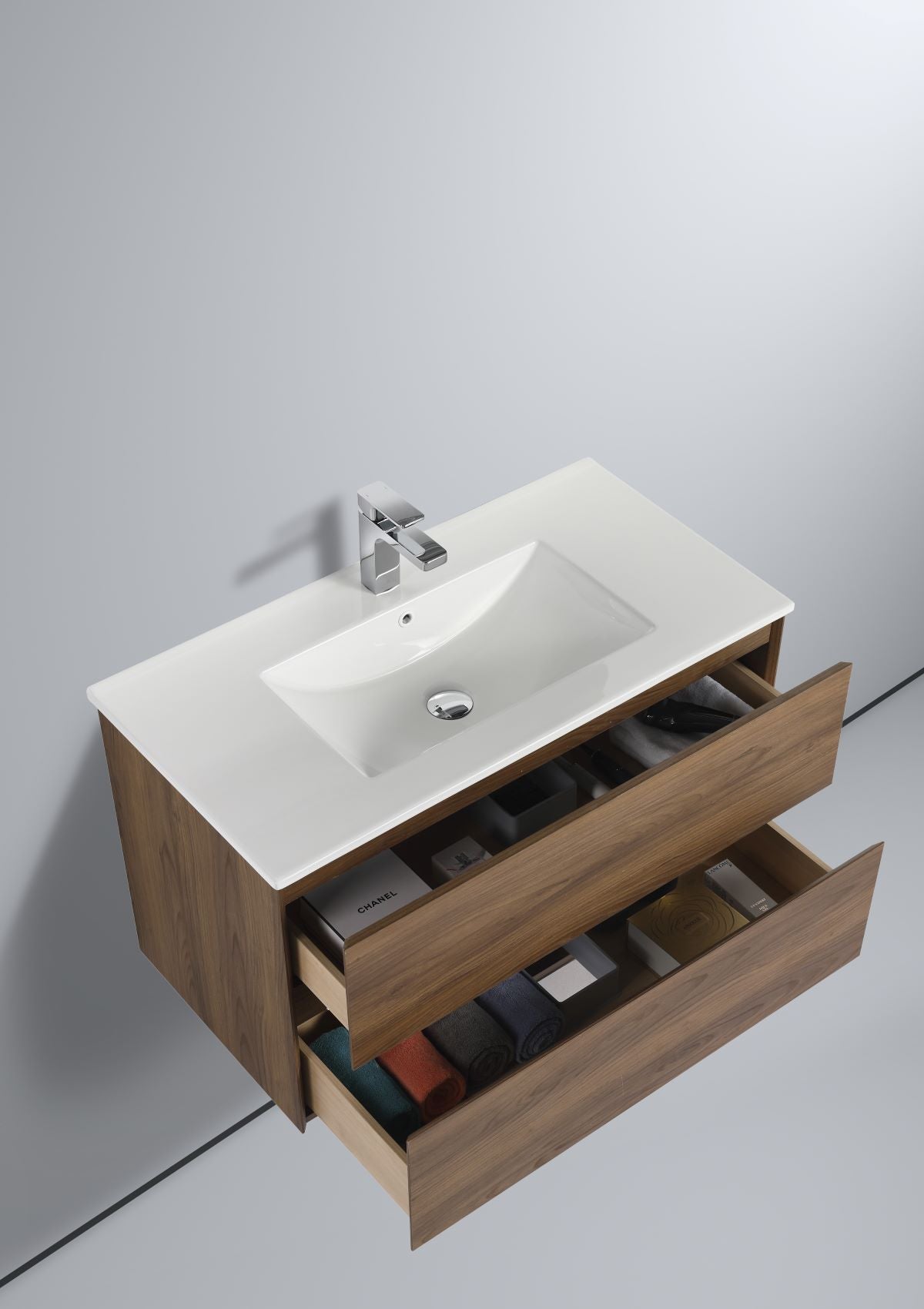 Blossom Assisi 36" Brown Walnut Vanity - Eco-Friendly European Minimalism with Soft-Closing Drawers, Acrylic Basin, open