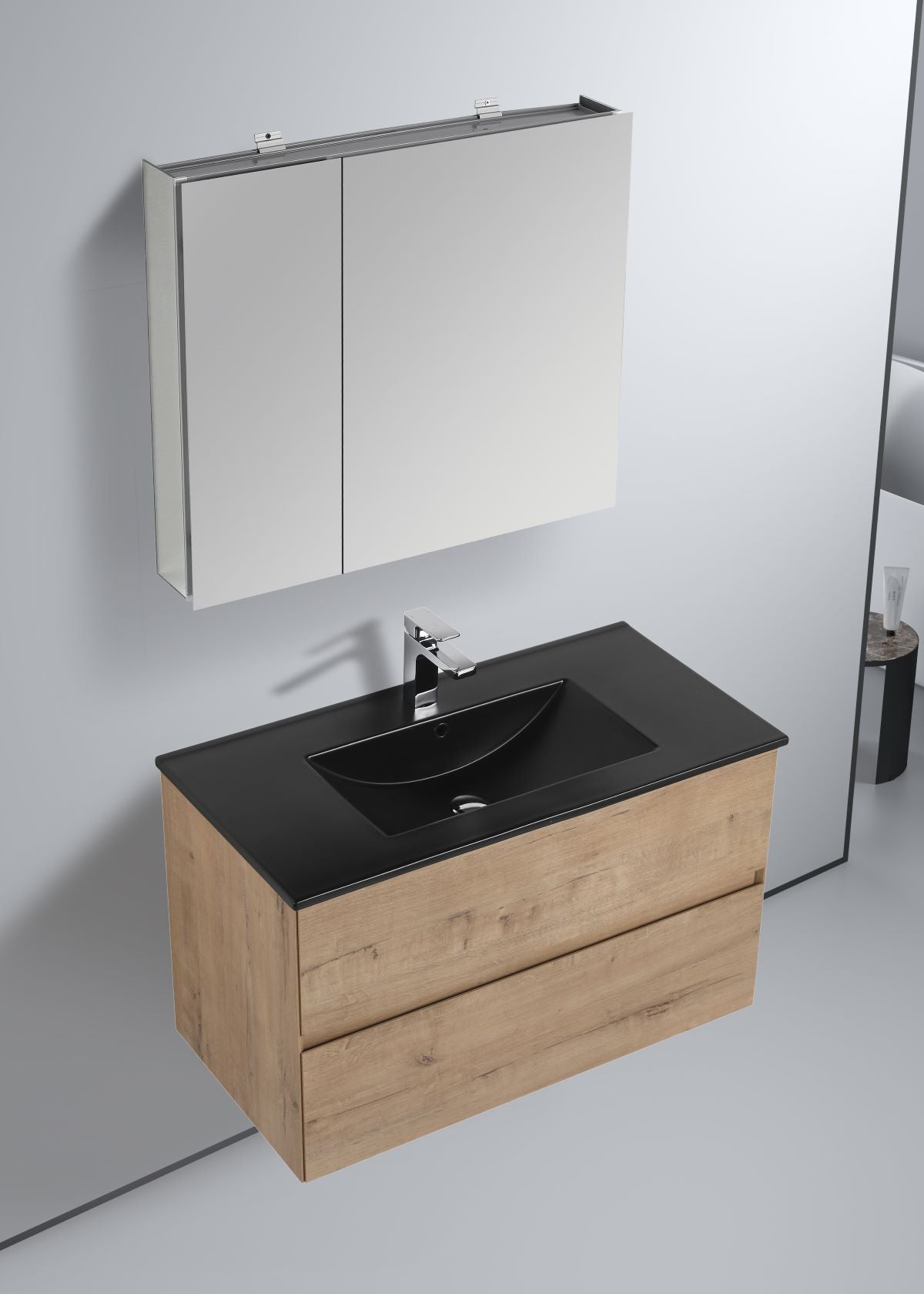 Blossom Assisi 36" Classic Oak Vanity - Eco-Friendly European Minimalism with Soft-Closing Drawers, Black Basin, up