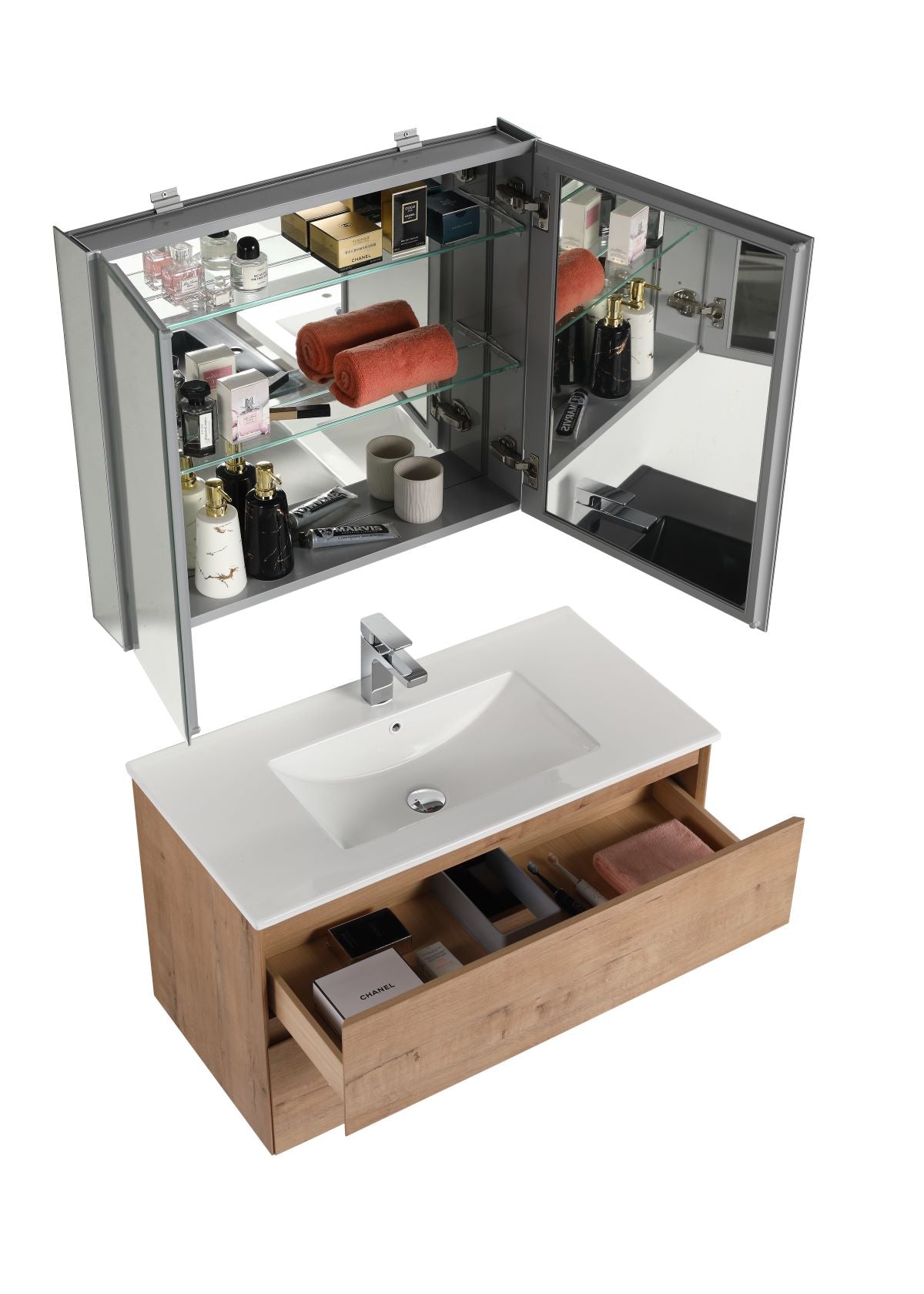 Blossom Assisi 36" Classic Oak Vanity - Eco-Friendly European Minimalism with Soft-Closing Drawers, Acrylic Basin, open