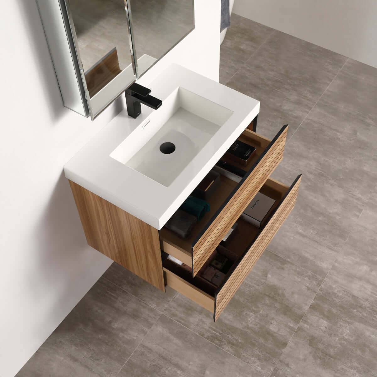 Blossom Annecy 24" Wall-Hung Vanity - Modern Minimalist Design with Soft-Closing Drawers in Maple, open 2