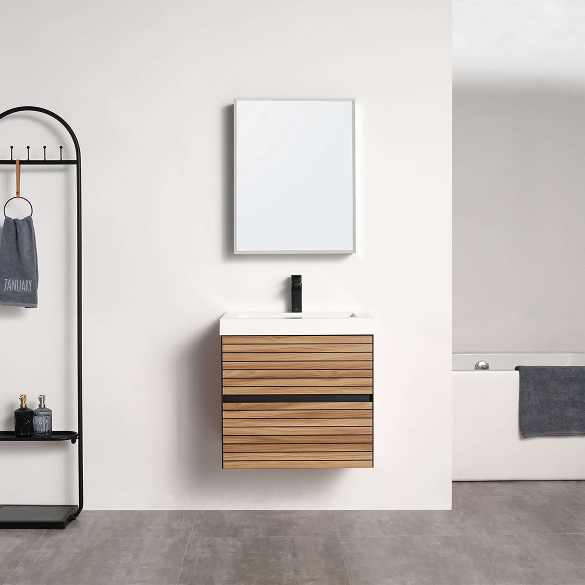 Blossom Annecy 24" Wall-Hung Vanity - Modern Minimalist Design with Soft-Closing Drawers in Maple, front view, acrylic basin