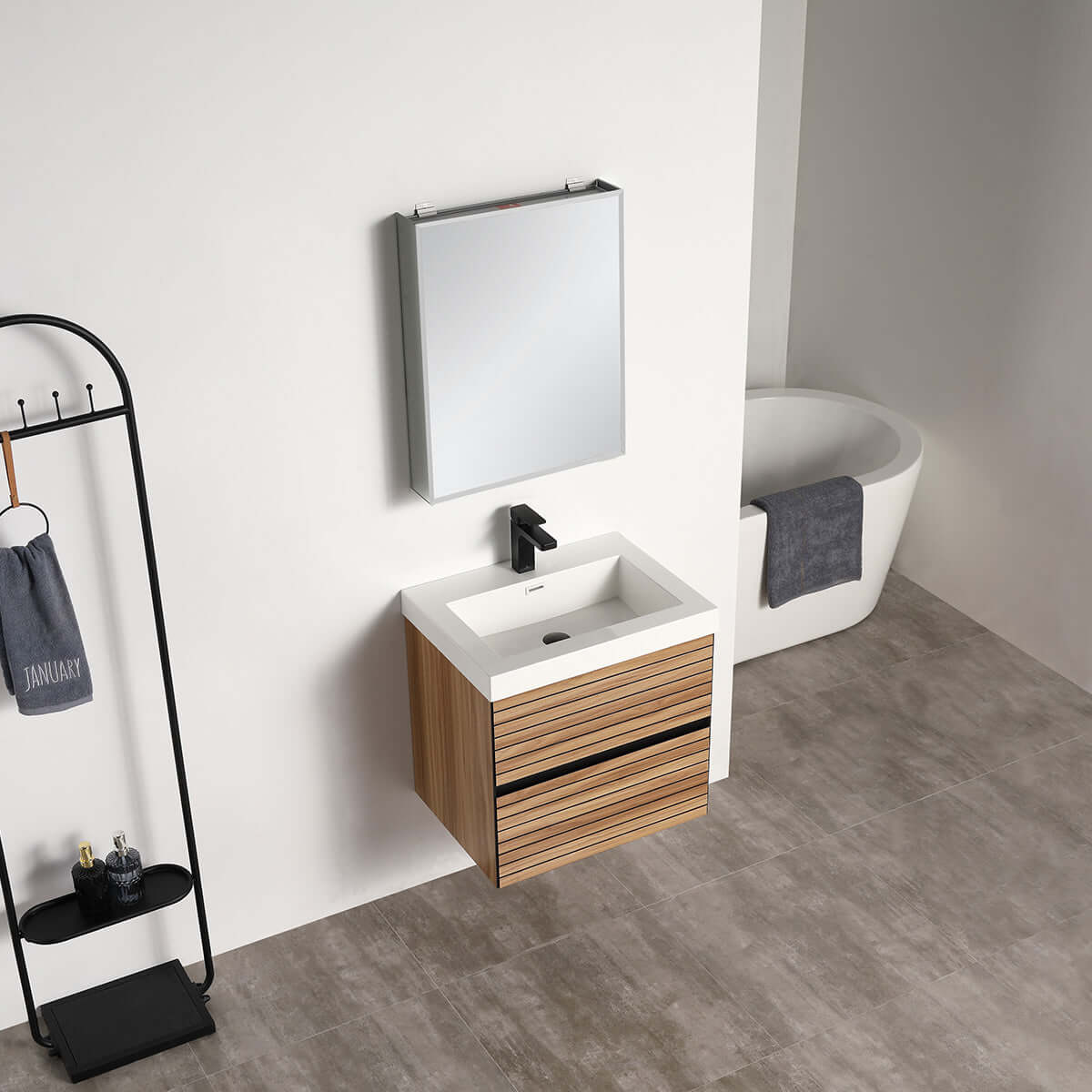 Blossom Annecy 24" Wall-Hung Vanity - Modern Minimalist Design with Soft-Closing Drawers in Maple, side/ front view, acrylic basin