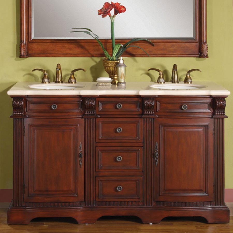 Silkroad Exclusive 58-inch Brazilian Rosewood Double Sink Vanity, Crema Marfil Marble Top - WFH-0197-CM-UWC-58