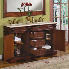 Load image into Gallery viewer, Silkroad Exclusive 58-inch Brazilian Rosewood Double Sink Vanity, Crema Marfil Marble Top - WFH-0197-CM-UWC-58, open