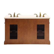 Load image into Gallery viewer, Silkroad Exclusive 58-inch Brazilian Rosewood Double Sink Vanity, Crema Marfil Marble Top - WFH-0197-CM-UWC-58, back