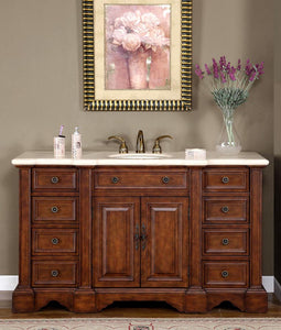 Silkroad Exclusive 58.5" English Chestnut Single Sink Vanity with Crema Marfil Marble Top - WFH-0199-CM-UWC-58