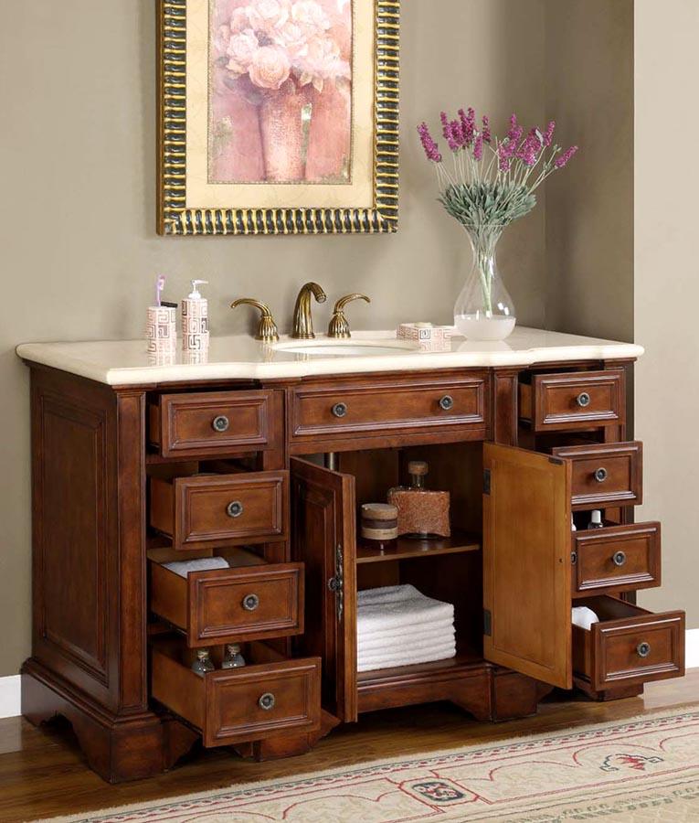 Silkroad Exclusive 58.5" English Chestnut Single Sink Vanity with Crema Marfil Marble Top - WFH-0199-CM-UWC-58