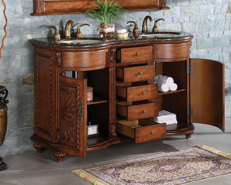 Silkroad Exclusive 54" Double Sink Vanity with Baltic Brown Granite Top - English Chestnut Finish - WFH-0201-BB-UWC-54