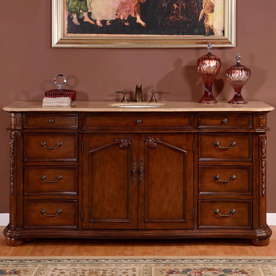 Silkroad Exclusive 72-inch English Chestnut Vanity with Travertine Top - Single Undermount Sink - ZY-0247-T-UWC-72