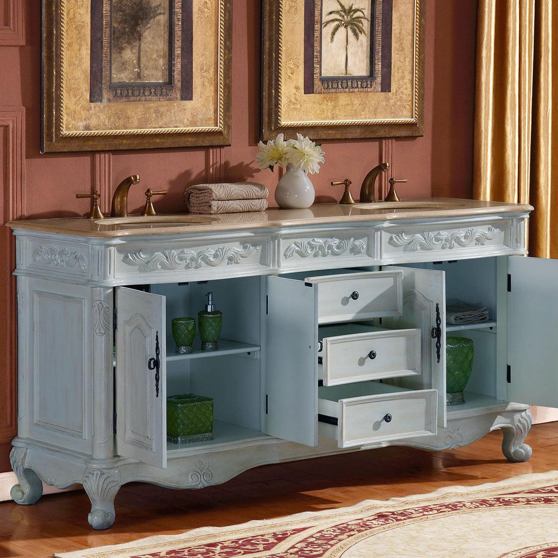 Silkroad Exclusive 72" Antique White Double Vanity with Crema Marfil Marble Top - ZY-0250-CM-UWC-72